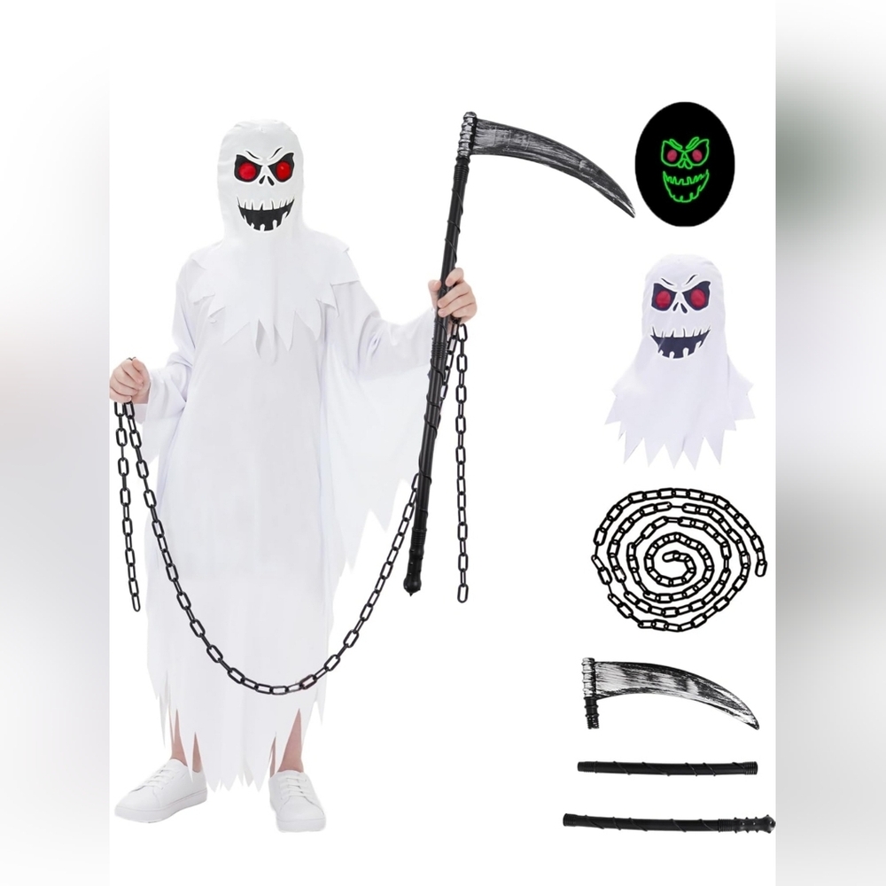 Ghost Costume NWT Size Small Kids Scary Halloween Suit Hood Mask NEW Glow